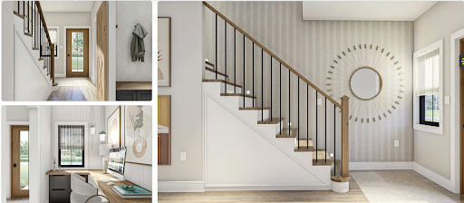 Entry rendering with built-in office niche and staircase