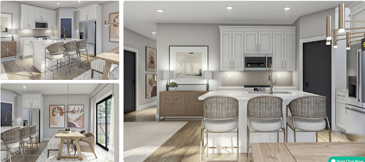 Kitchen and dining rendering with quartz island and floating shelves
